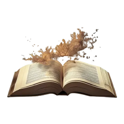 Open book with a cloud of brown smoke or liquid floating above it, meant to invoke the sense of stories being generated as if by magic