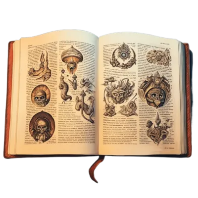An open book showing drawings of fantastic creatures, and their descriptions, invoking the sense of world building used for creative writing.