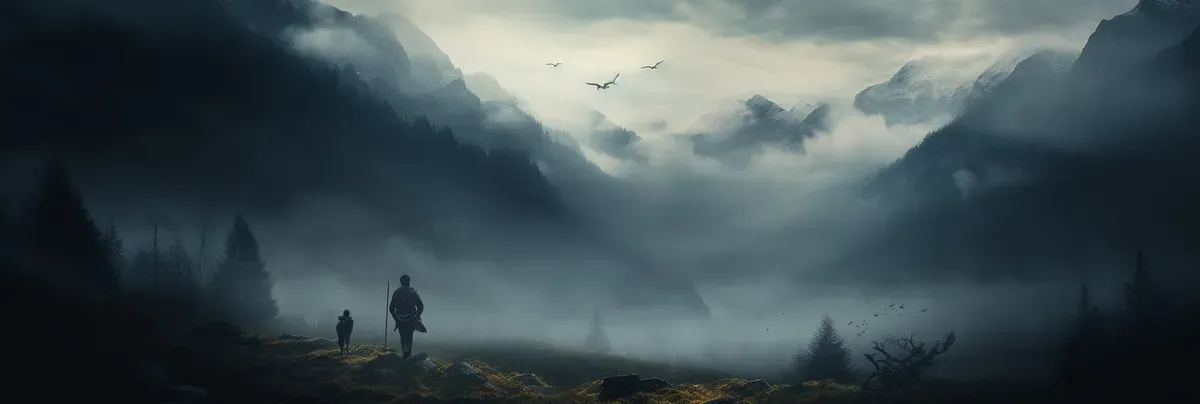 Image showing mountains and forests covered in fog and two characters hiking in the distance, invoking the sense of adventure