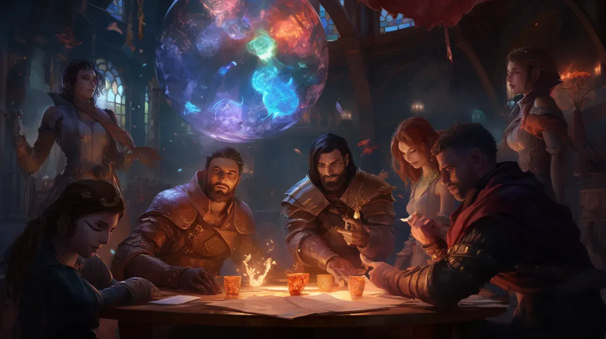Image showing 7 characters looking down on something, with magical spheres floating in the air