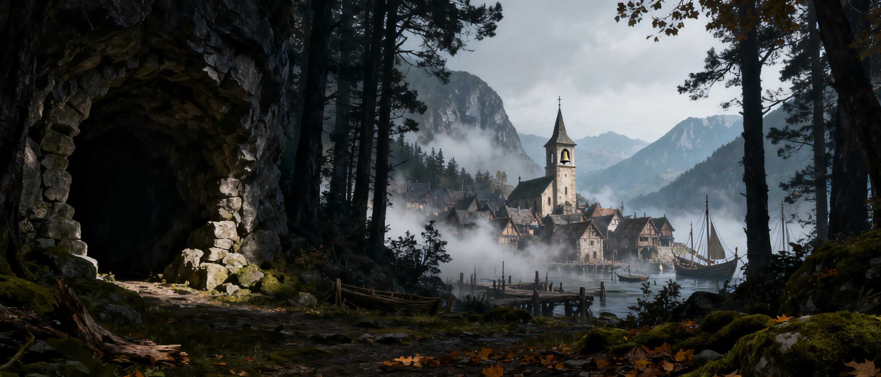 A small world where the main focus is an old town that are fisherman, it is surrounded by murky forests and mountains. The center of the town is church and bell tower, the town is foggy. It is in mid evil times. There are wraiths, terrifying human like monsters and other monsters and demons in the woods and in the water. The towns people are quiet and scared, they don’t talk about what it is. But there’s cult like monks that run the church that seem very off, and there’s a giant cave in the woods that many people have explored and never came back, your job is to figure out what is happening to the people and stop the spreading evil. There is a main boss