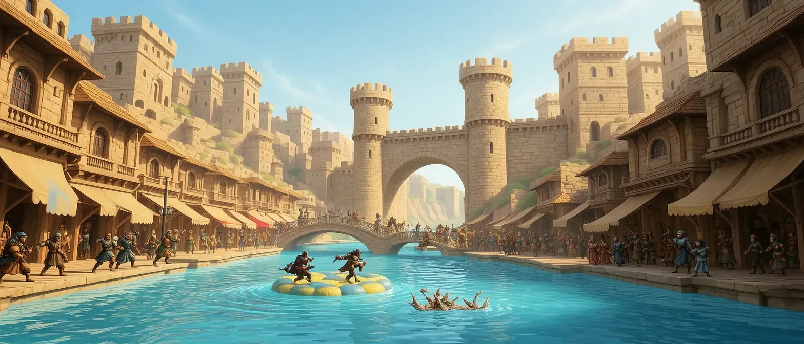 they are in a city of water and land . as they rest at a inn thugs steal their items.