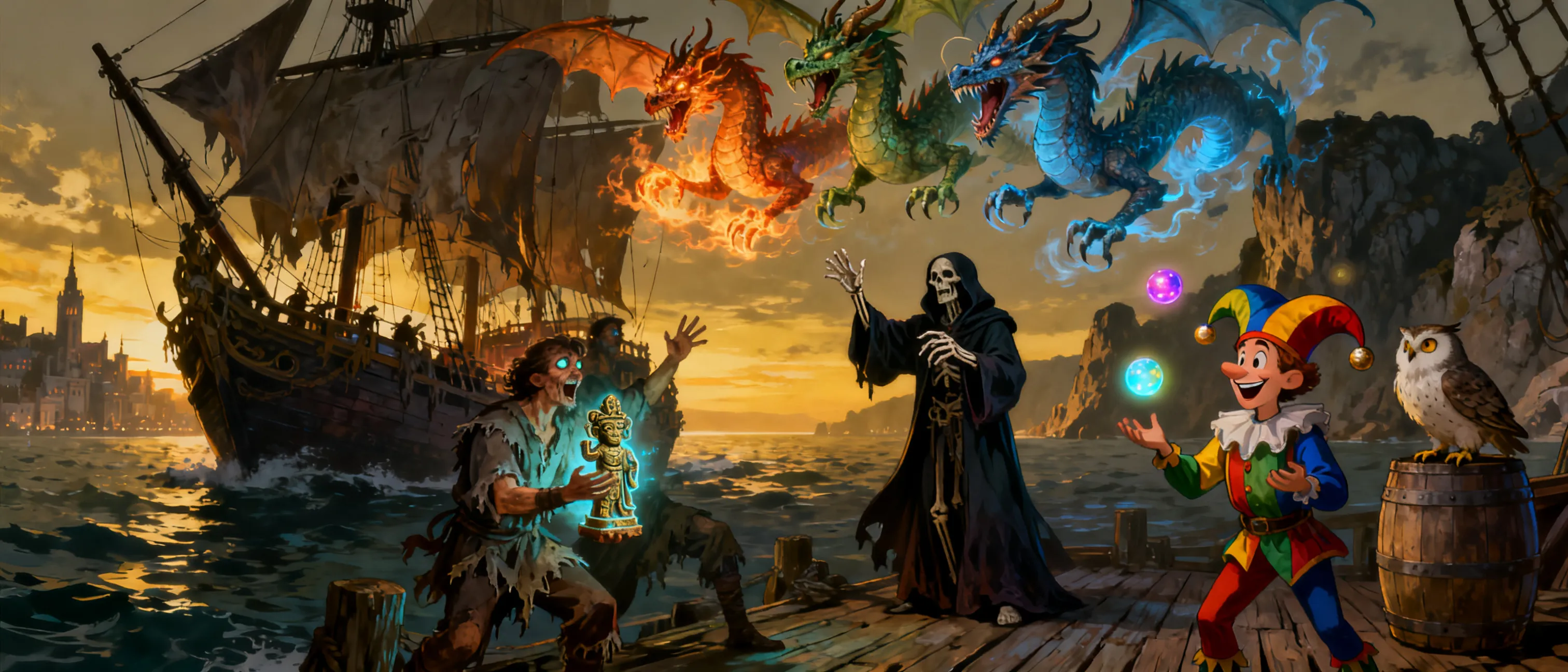 Character image for Create a campaign for a party of four, starting lvl 3-20. We are in a high fantasy setting. Open on a temperate coastal city. All four characters are at the local docks, when a mysterious ship pulls into port. Thought long-lost, it set sail over a year ago on a trade route. When it pulls in, it's clear that something is seriously wrong. Some of the sailors are fighting one another, jumping overboard, or completely catatonic. Only the captain seems to have his wits about him. Later, it's discovered that they acquired a cursed object that rends the minds of those who come near it. In fact, there are many of these artifacts that are coming into existence due to the efforts of a Lich trying to summon an elemental cataclysm - a four-headed dragon, each head representing the 4 elements. The lich is attempting to summon it, so that he can control it, and thereby control the planet itself. Just because we're starting at the docks does not mean this will be a nautical campaign. Allow players to explore the entire world and its associated biomes & diversities. The players who will be involved in the campaign are very silly and easily sidetracked. Make sure to inject lots of whimsical, memorable characters and side quests that will help make the campaign a little more light-hearted than the premise would suggest.