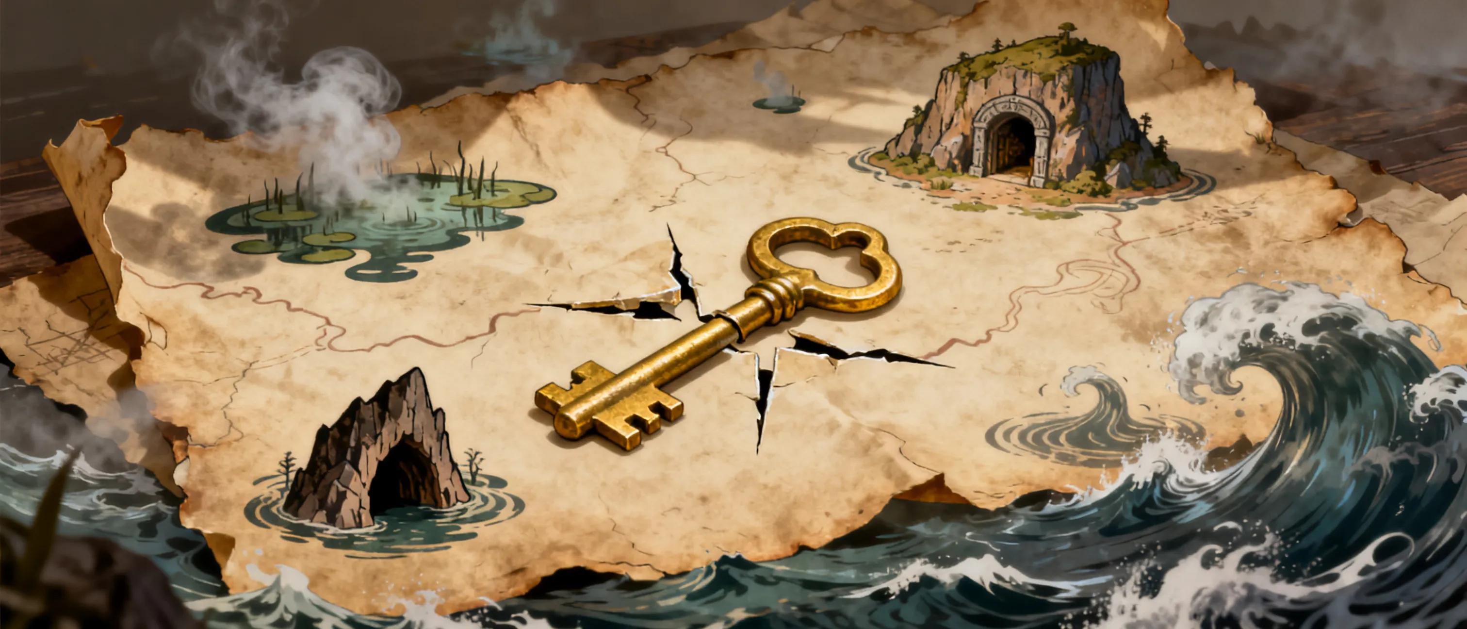 a group of adventerurs need to find peice of a key that opens a locked volt of treasure and they need to sail across open worlds battle monters in caves and swamps and on land and in the sea