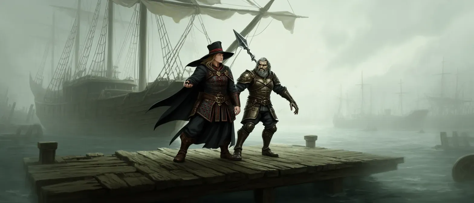 2 people in a town with a dock and a ship a humin wizord and a dwarf atifiser