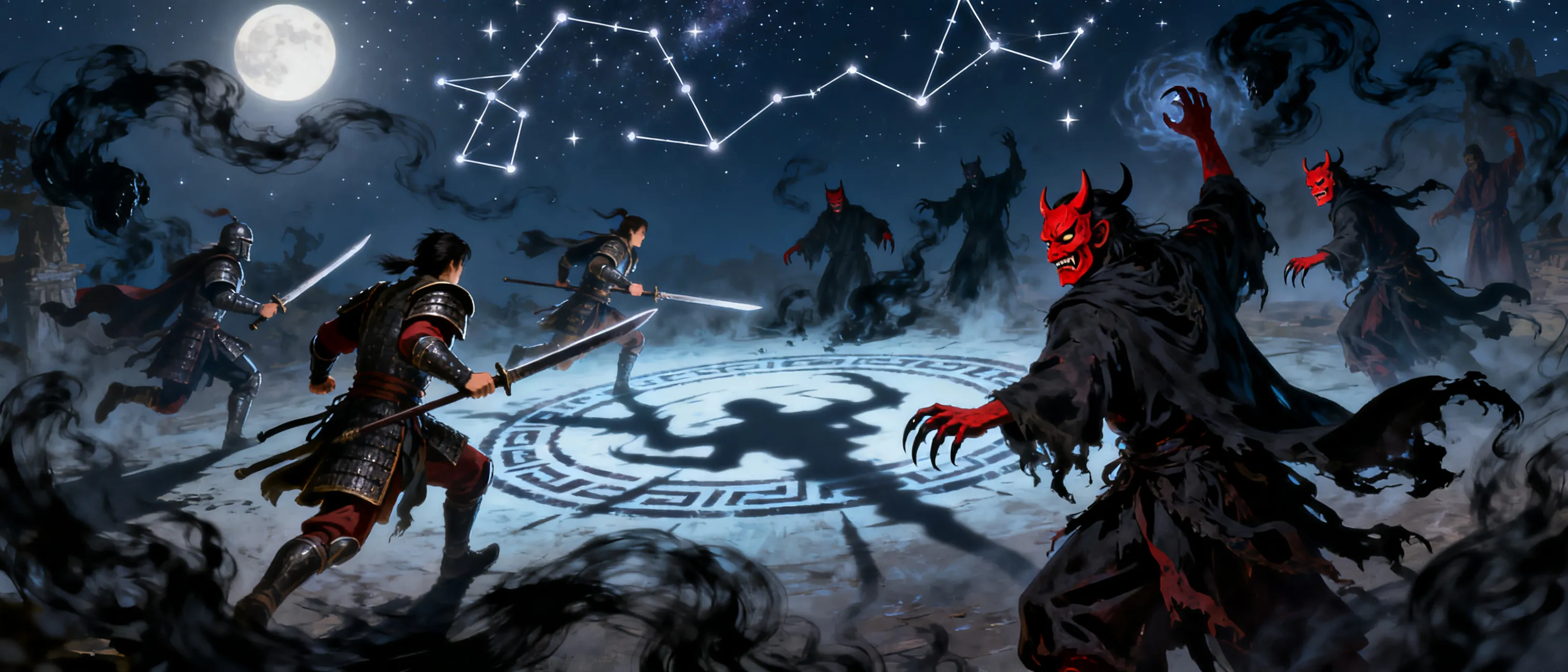 Character image for when the sky goes dark and the stars allign for the dreaded shadow eclipse ritual a ruthless cable of shape shifting oni attempts to plunge the world into perpetual  night . you must shatter the darkness before the ritual reaches its zenith and the dreaded monsters destroy humanity as we know it