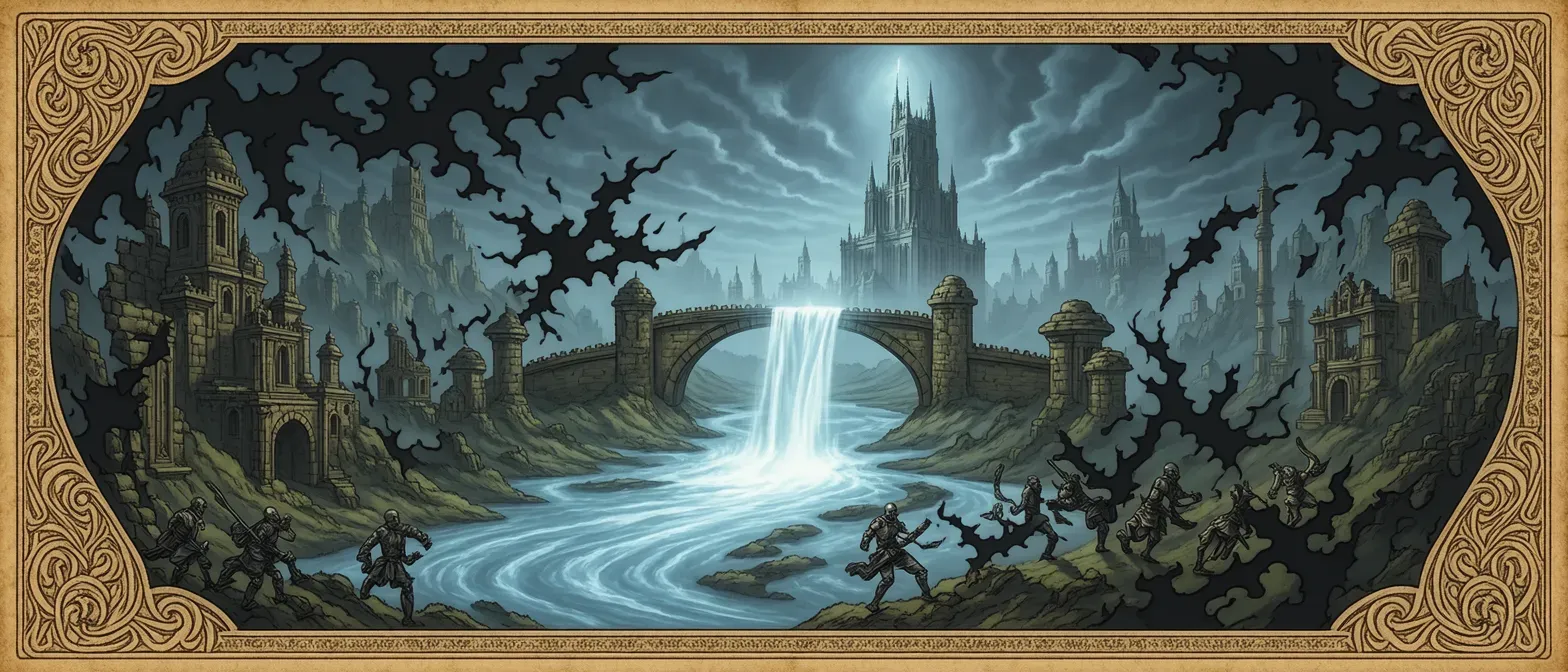 In den fernsten Zeitaltern, lange bevor Namen Gewicht trugen, wurde die Welt Althessia von einem „künstlerischen“ Schattenfürsten erschaffen. Aus den Magieströmen, die Eldath – die Quelle allen Flusses – in die Wirklichkeit entließ, formte er sein größtes Werk: eine Welt, gedacht, um den Schöpfungen der Götter selbst ebenbürtig zu sein. Als sein Werk vollendet war, erhob sich der Schöpfer und wurde selbst göttlich.

Doch kein Werk währt ewig. Vor Jahrhunderten fand seine Existenz ein Ende, in Verderben und Feuer. In jenen Tagen stürzten zwei große Reiche, beherrscht von Zauberkönigen von unerhörter Macht, die Welt Althessia in einen apokalyptischen Magiekrieg.

Nachdem Feuer und Zauber die Landschaften verwüstet und Menschen wie Tiere gleichermaßen entstellt hatten, fand der Krieg in einer einzigen, verheerenden magischen Entladung sein Ende. In diesem Augenblick wurden sowohl der Schöpfer als auch das Land selbst zersplittert. Der Magiestrom wurde verunreinigt, und von da an begann der Magiefluss allmählich zu versiegen.

Die Zeiten, die darauf folgten, waren von Stille und Vergessen geprägt. Wo einst das Donnern der Zauber herrschte, wuchs Gras über Narben. Die Wunden der Welt schlossen sich jedoch nur dem Anschein nach. Generationen kamen und gingen, während die Erinnerung an den Krieg verblasste und zur Legende wurde.

In diesen Jahrhunderten erhoben sich die Hüterinnen des Stroms. Ihre Herrschaft gründete auf gebundene Elfen, die den verbliebenen Magiefluss für sie stabi