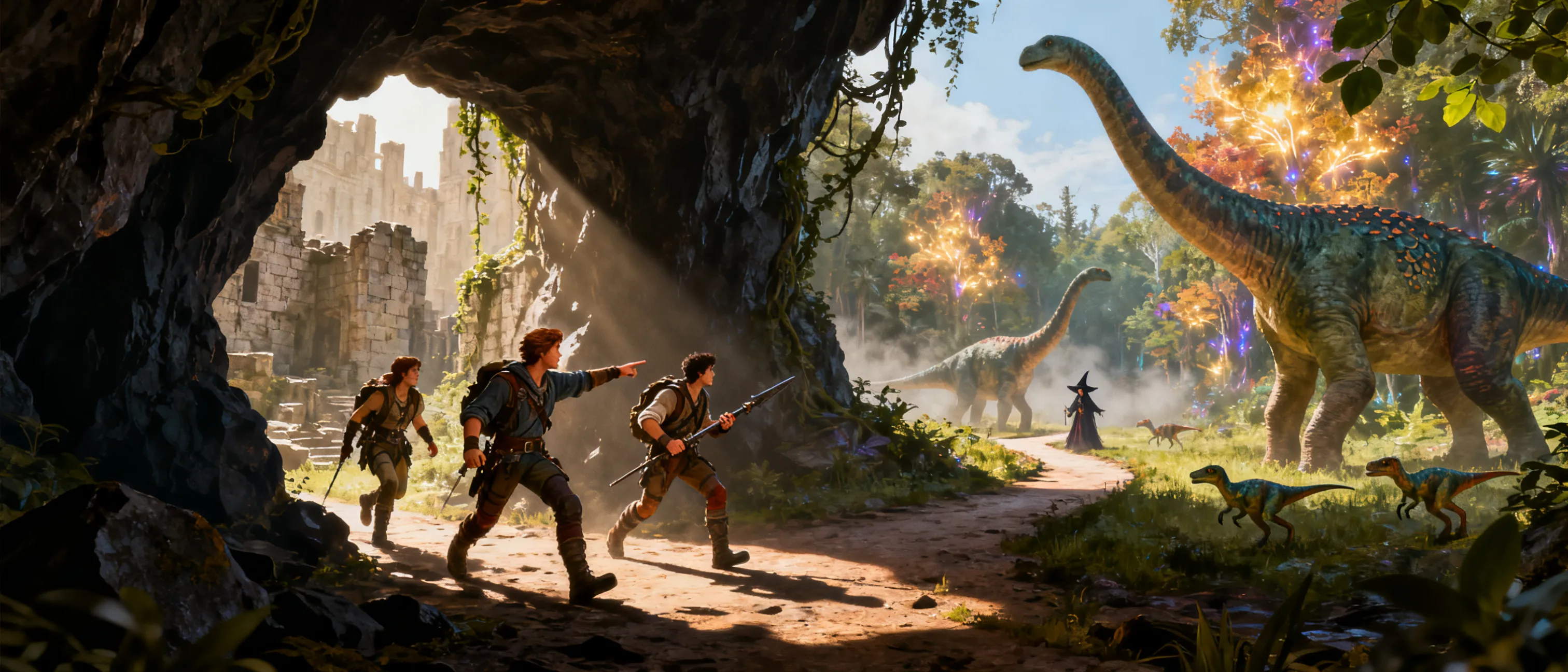 A Dungeons & Dragons adventure begins with the characters waking up in a cave, where they are told that the outside world has been destroyed and is now overrun by dinosaurs that are devouring and demolishing everything. The only way to save the world is to reach the dimension of Partoon and destroy Gambro’s dinosaur figurine. Following this, the adventurers emerge from the cave and are presented with two paths: one leading toward the city of Grambella, and the other toward a magical forest witch.