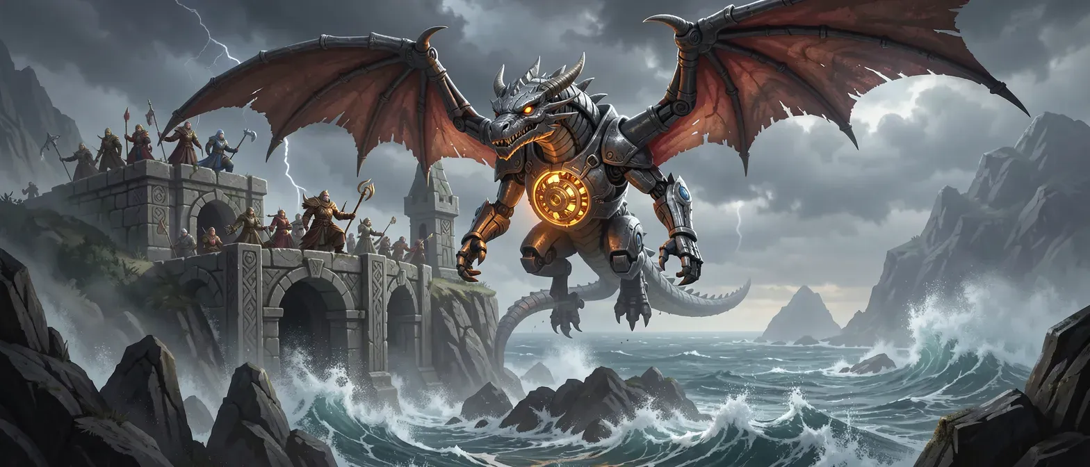 Our adventures, Jasmine and Ohney, fought against a dragon raid—common for their viking village–but soon discovered things were not as they seem. They acquired a clockwork heart, and lung, bones of obsidian and a scroll in draconic with decipherable words: Bone, blood, command. They found a child, Fenu, whose parents were injured in the attack, with him as their charge, they set out to find a dragon that flew off. When they arrived at the cave where the dragon went they discovered a half real, half clockwork dragon named Rylin. The dragon, after healing him with the found clockwork heart, spoke about a sorceress Talia who has trapped the dragons. Rylin flies them to an abandoned village carved into a seaside cliff face and refuses to go farther in. The adventures leave him with Fenu and go to investigate. They learn there that this village of Ashwood, once inhabited by vikings, was home to Dwarves long before and discovered through a series of letters from a Dwarvish King named Dain that Talia is wife of King Firfur Bottlemane, the Dwarvish King of Ashwood Dworrow before it was abandoned by them to find Talia. Then the Vikings occupied and were run out. When King Firfur ruled, dragons were a part of life but not a severe danger (like bears with us) and then suddenly King Dain informed him of an uptick of movement. Adventures know that Queen Talia took a party of dwarves to investigate, where they found the large remains of a dragon and in the center of the dragon was an Obeli