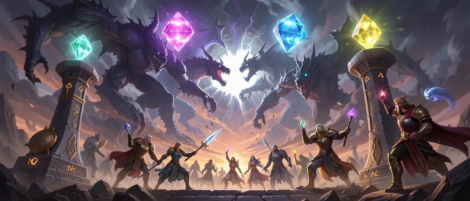 Four gems (Earth Gem, Fire Gem, Wind Gem, and Water Gem). Use gems to activate beacons. once all beacons are activated, a portal appears and lots of Gargantuan monsters stream out of the portal.