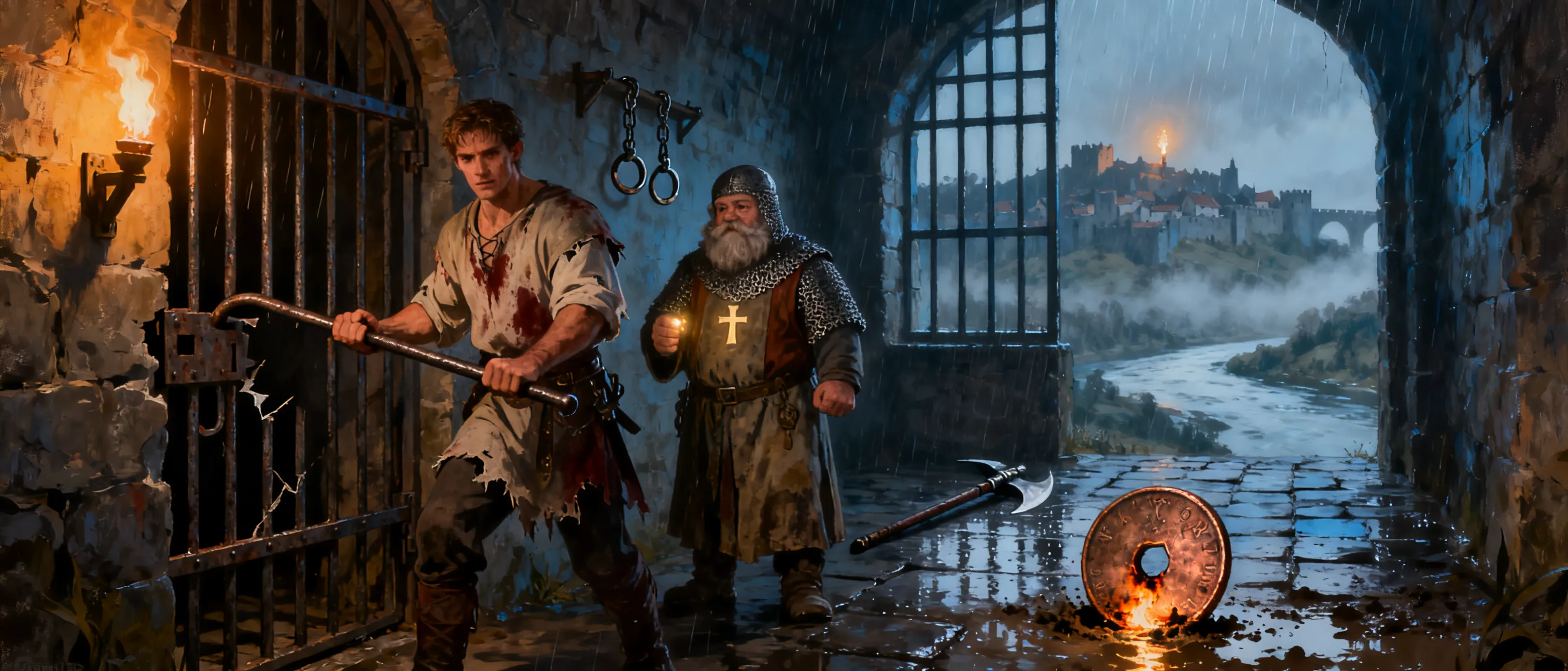 2 charectors, fighter human, dwarf cleric, the human robbed a bank, the dwarf caught him, turned him in to the king for a reward, king locked them both in jail. they escape and are killing the guards. create a campaing based off this and show how much xp they get, what they get with levels, treasure, magic items, and lots of monsters