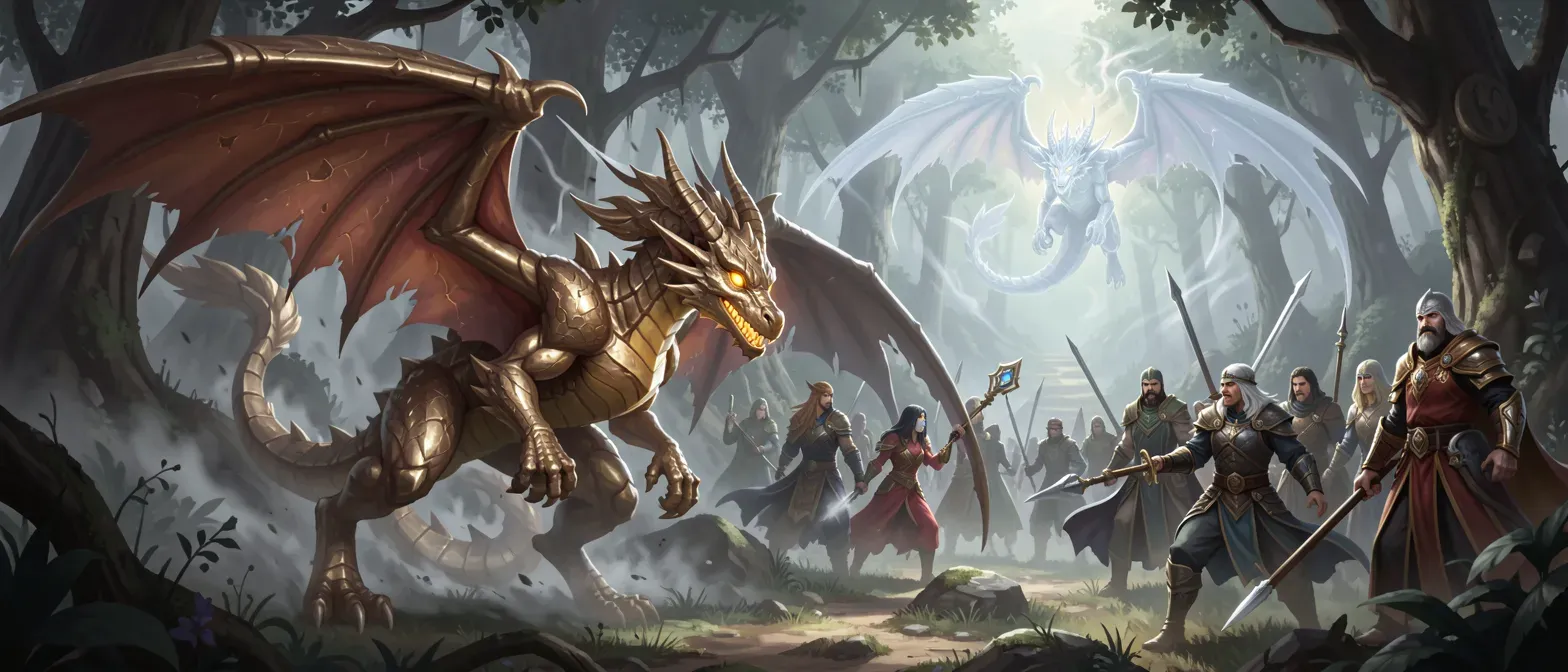 Character image for Rumors spread across the land about the following events: Campaign Premise The homebrew creature Draconic, the "God" of a formidable shadow cult, seeks to fully manifest on the material plane by draining all color, light, and life energy, plunging the world into an eternal shadowy realm. The players, early in the campaign, discover and bond with a baby metallic dragon, a creature of inherent goodness whose very presence is anathema to Draconic's plans. Key Elements The Antagonist: Draconic, a powerful, ancient being (likely a shadow dragon with god-like boons and legendary actions) that has been trapped between planes for centuries. It communicates with its followers telepathically, granting them shadow-based powers and driving them to collect powerful artifacts (likely "color shards" that contain pure life energy) needed for its manifestation. The Stakes: As Draconic gains power, the world literally starts to lose its color and vibrancy in certain areas, becoming drab, dim, or fully shadowy. The final boss fight takes place in a realm where light itself is a commodity. Campaign Arc & Structure The campaign is structured in three major arcs: Arc 1: The Shadow's Reach (Levels 1-5) Inciting Action: The party witnesses the beginning of the world losing its vibrancy in a starting town (e.g., a once-vibrant forest turns perpetually grey). Goals: The party must protect the baby dragon while discovering the truth about the cult and its leader.