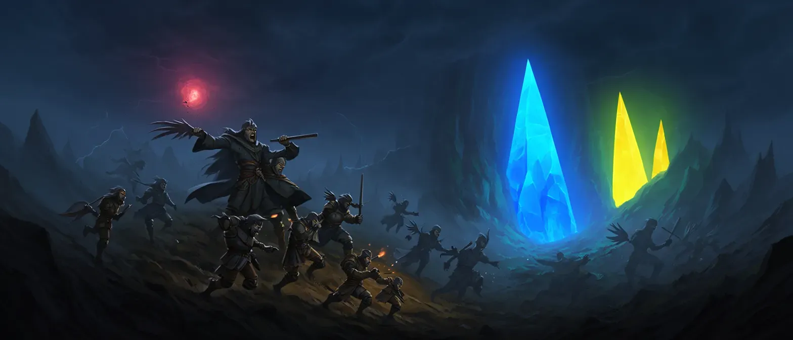 Dark cloud covers the region , links to ancient cave with old crystals linked to 4 elder mages from ancestors times