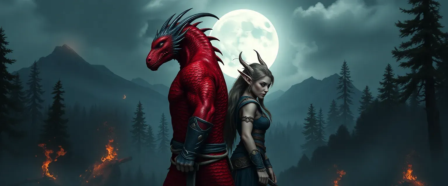 Red Dragonborn male and elf female forbidden lover. Both hunted by tribes