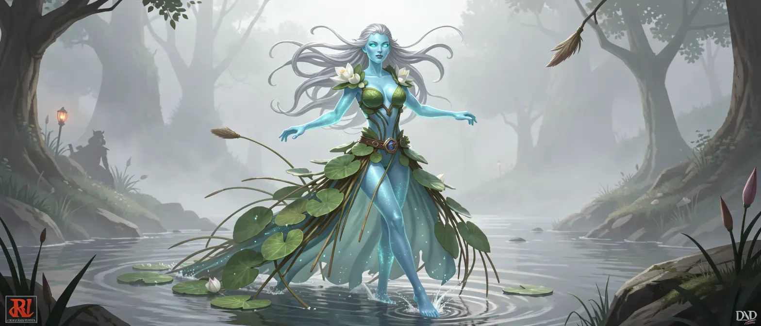 Ethereal woman with translucent blue skin, silver liquid hair, aquamarine eyes, wearing a gown of lily pads and reeds, standing by a misty river, barefoot and shimmering.