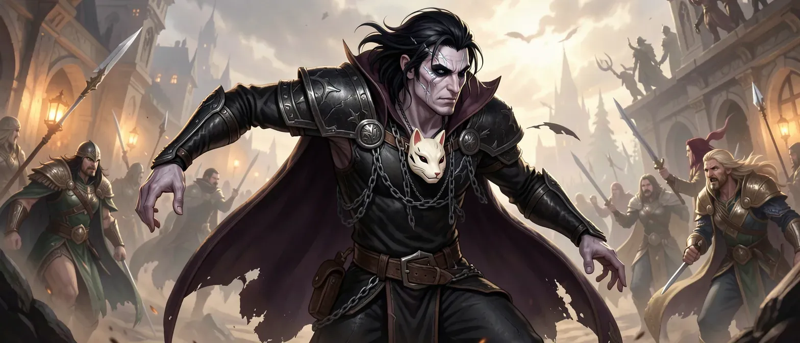 Pale, lean Shadar-kai dhampir in his 30s with obsidian eyes, raven-black hair, silvery scars; wears blackened leather tunic, chain-reinforced, memory-woven cloak, and ivory kitsune mask necklace.