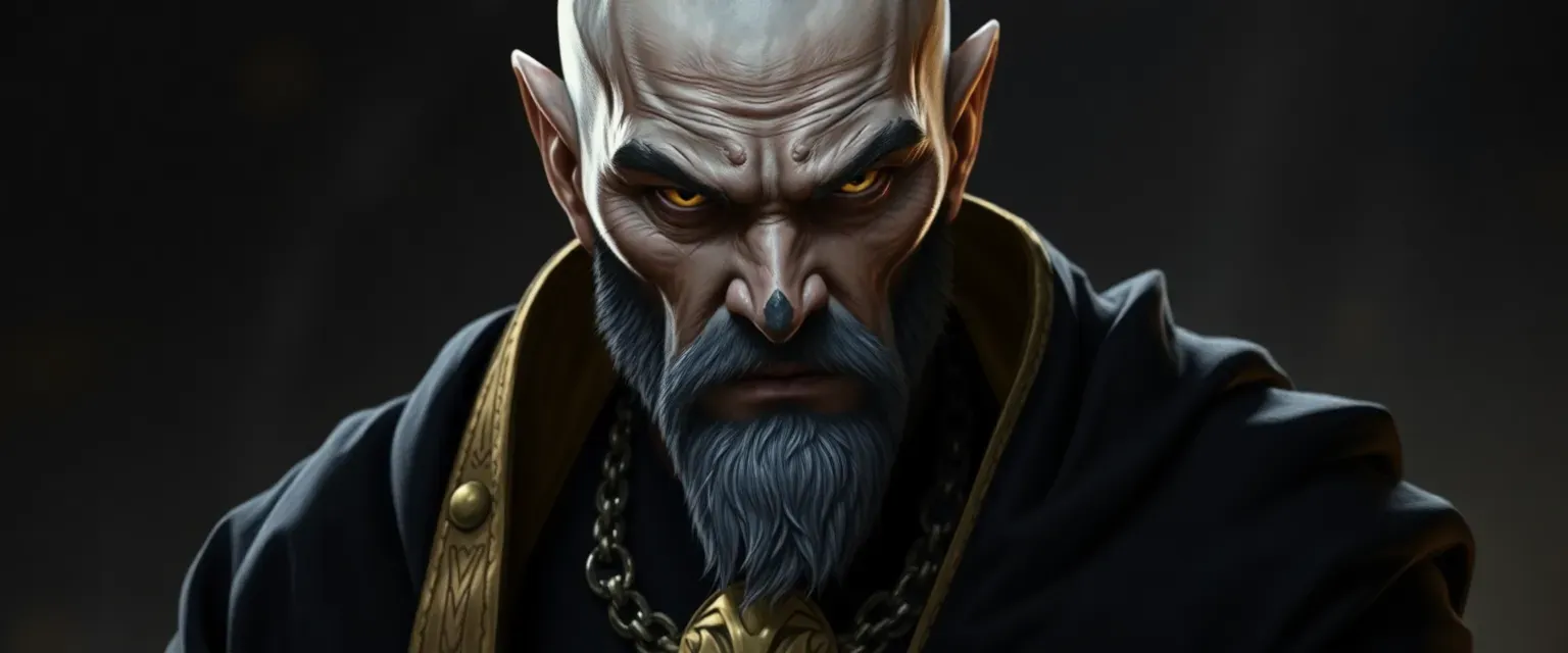 Bald with light-darkish gray skin and a dark black nose, Xvinder, the leader of his tribe, wears a black robe with gold linings, exuding an aura of power and mystery.