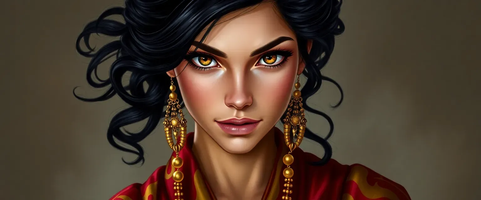 Young woman with olive skin, amber eyes, black wavy hair, wearing a vibrant silk robe with gold trinkets.