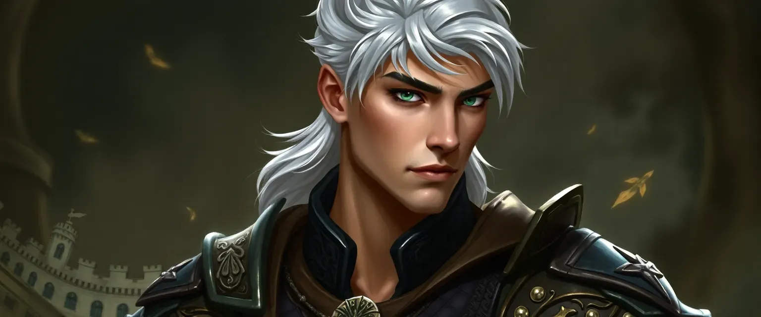 Tall, lean young man with sharp features, emerald eyes, and silver hair, wearing either ornate court attire or practical leather armor.