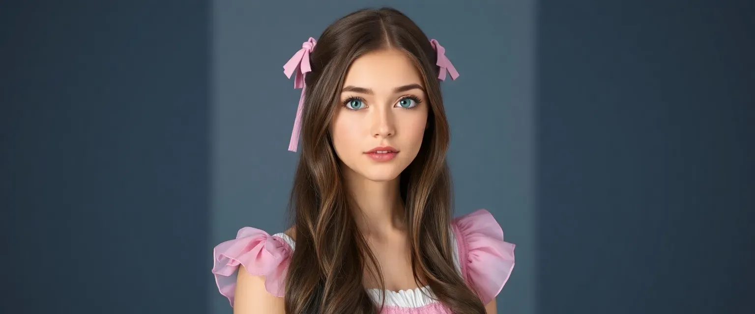 18-year-old Lana with long brown hair, green Bambi eyes, in a pink and white dress with hair ribbons.