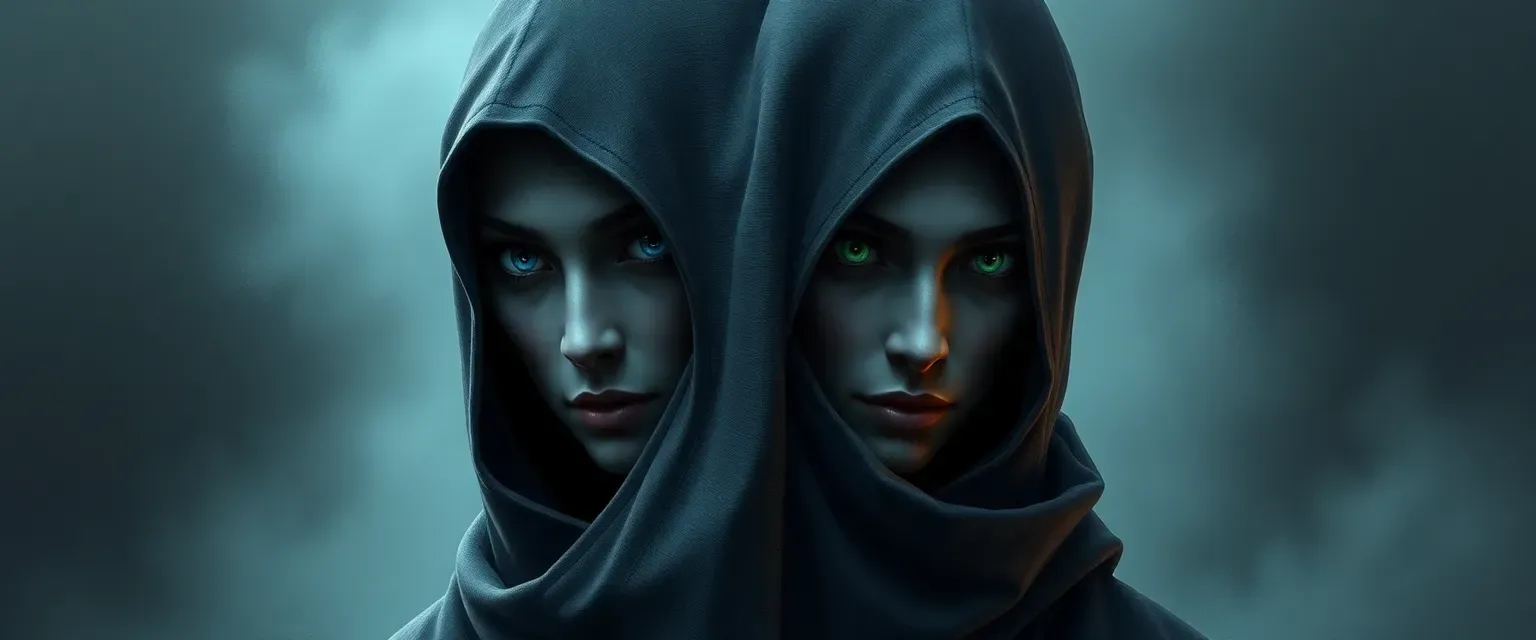 A tall figure with two heads, one with piercing blue eyes, the other with deep green eyes, cloaked in a concealing garment.