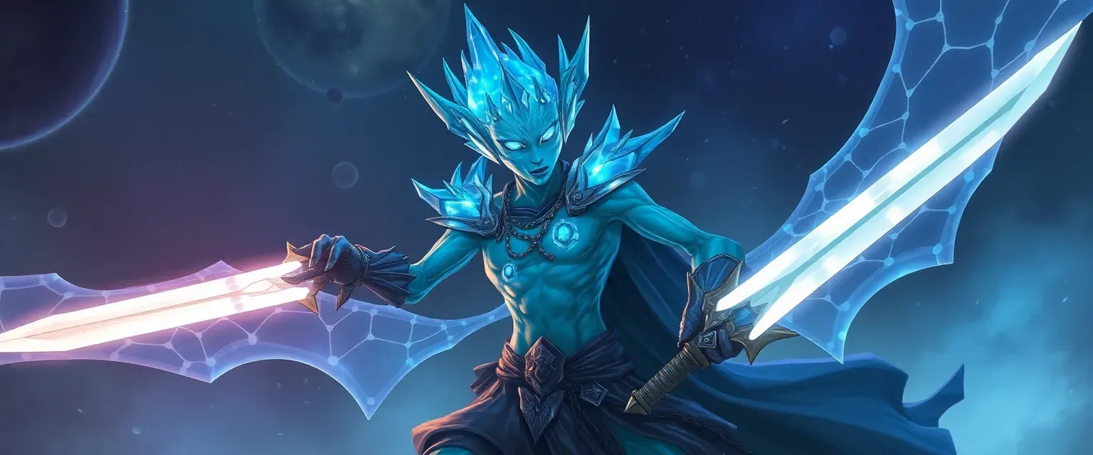 Crystalline humanoid with prismatic body, glowing eyes, wielding swords and studying time magic.