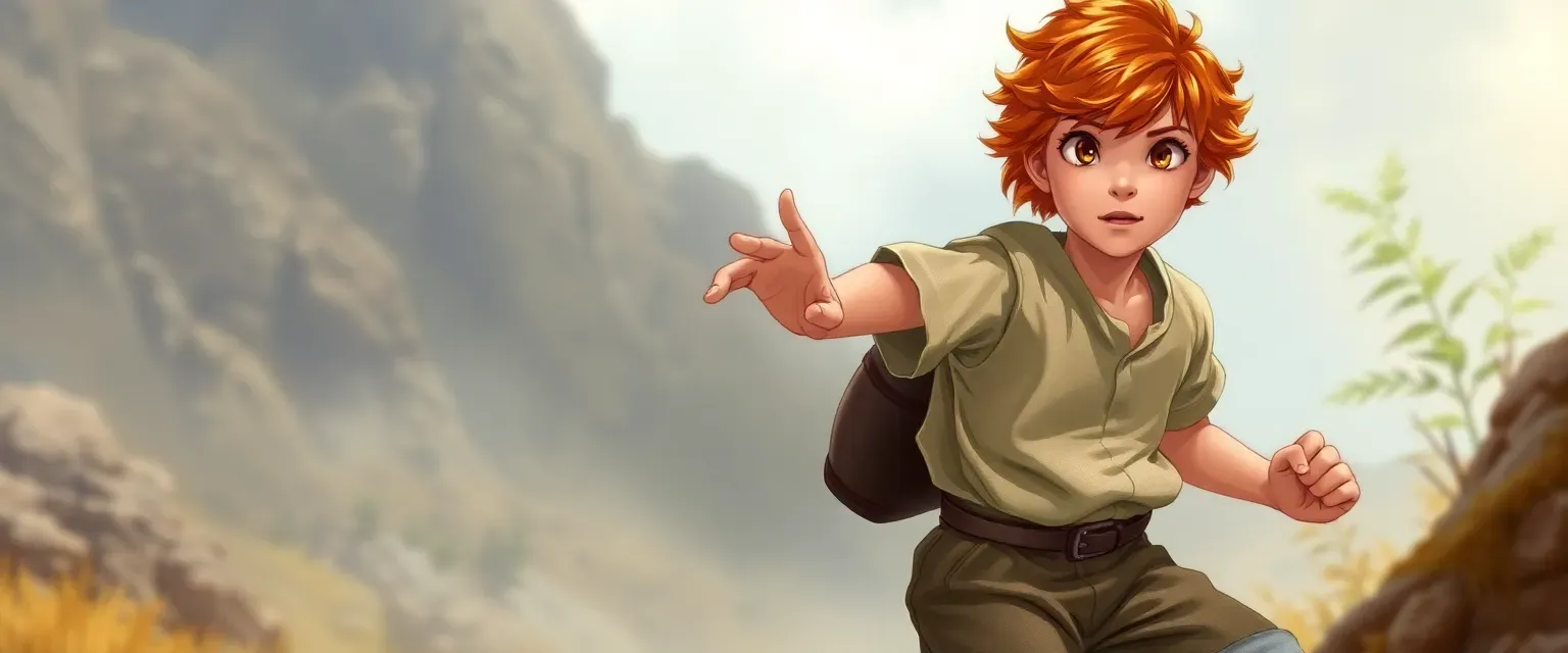 12-year-old boy with chestnut curls, bright eyes, wearing a linen tunic and breeches, agile and lean.