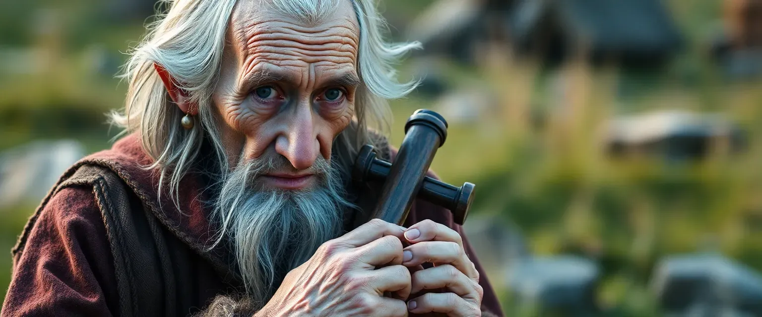 Ancient Slavic man, over 100, mute, wrinkled, toothless, wearing threadbare clothes, holding a wooden flute.
