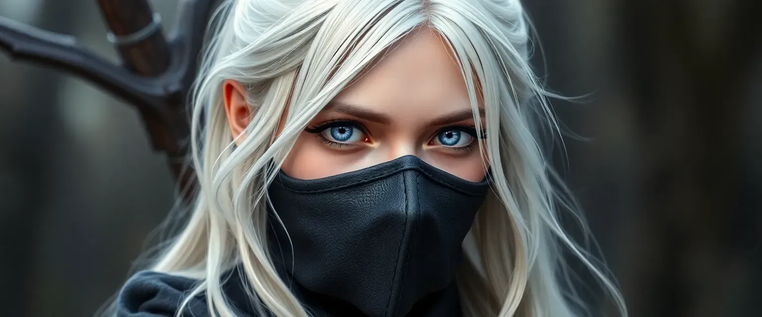20-year-old druid with pale skin, white hair, violet eyes, wearing a mask, ethereal psychic.