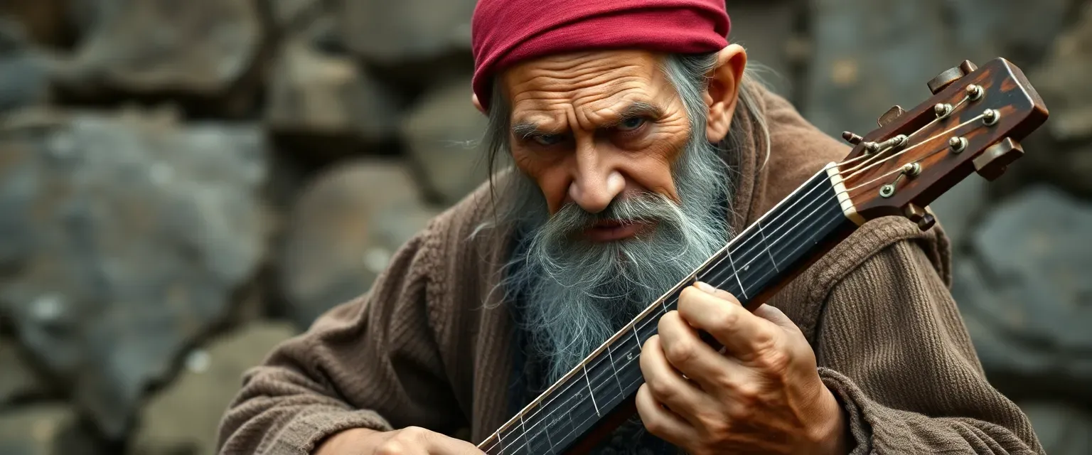 An ancient Slavic man, over 100, mute, toothless, deeply wrinkled, playing a one-stringed wooden instrument.