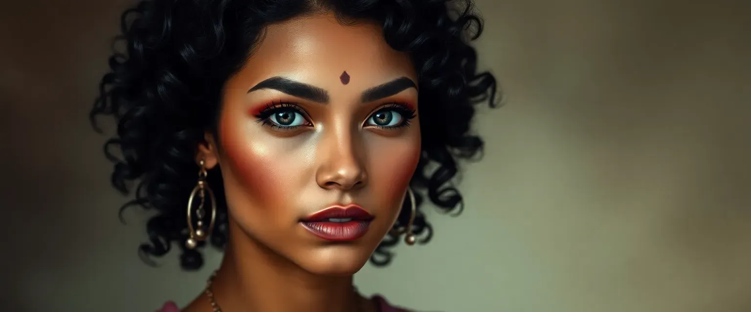24-year-old woman with curly black hair, mixed-race features, small birthmark on forehead, and a commanding aura.