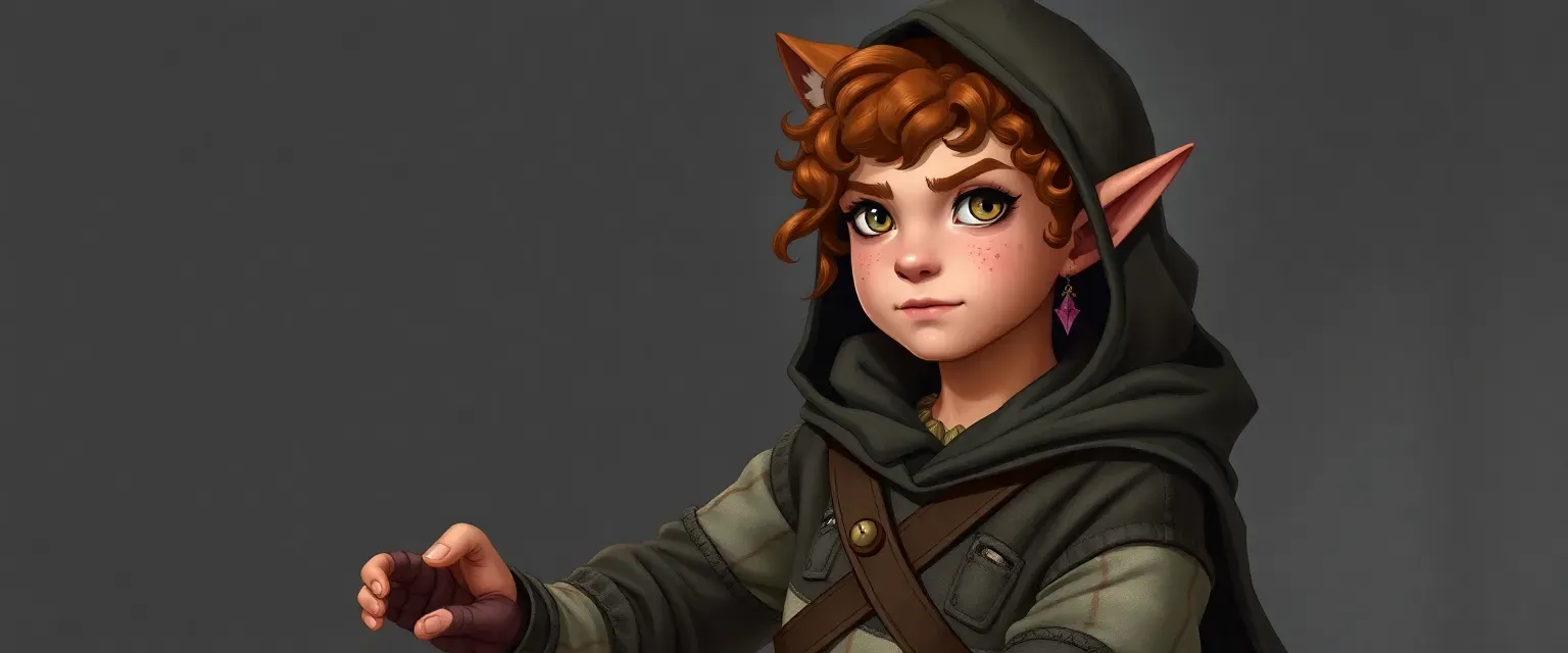 A 24-year-old Lightfoot Halfling rogue, wiry build, hazel eyes, curly chestnut hair, freckled face, wearing patched tunic, breeches, soft boots, and hooded cloak, with a sly, fox-like expression.