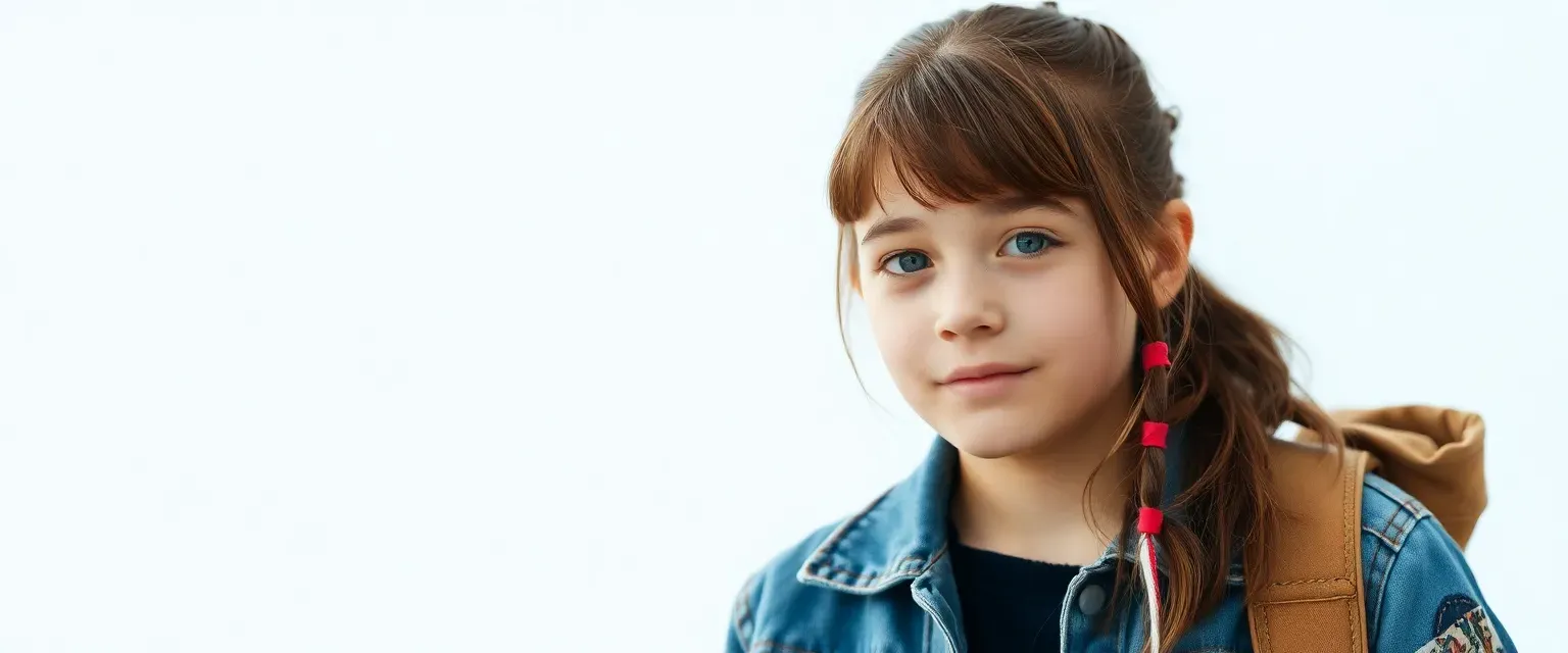 13-year-old girl with brown hair and a red stripe, wearing a patched denim jacket, adventurous and cool.