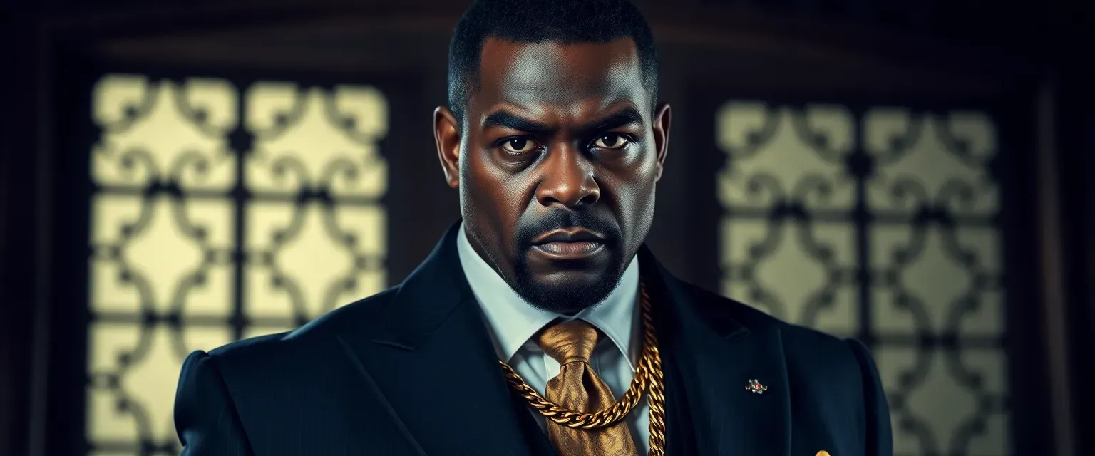 Mid-40s black man, tall, deep ebony skin, tailored suits, gold chain, tattoos, sharp observant eyes.