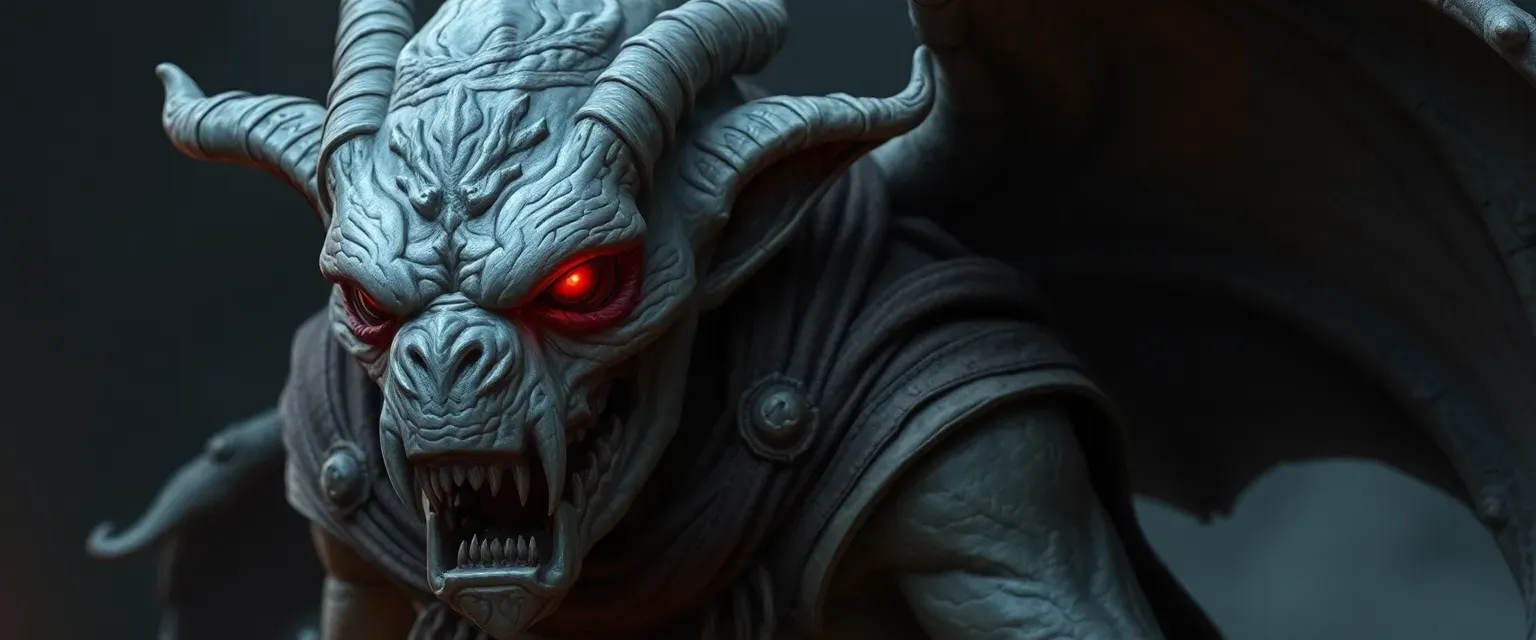 A grotesque figure with gray, rough skin, glowing red eyes, and a tattered cloak, resembling a stone gargoyle.