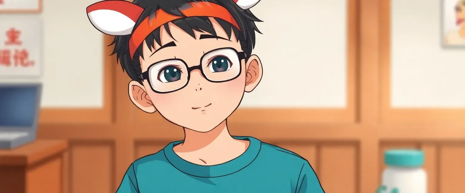 A 14-year-old mute boy named JingJing wears glasses and an Aquapets t-shirt with a special headband mimicking Puku's ears.