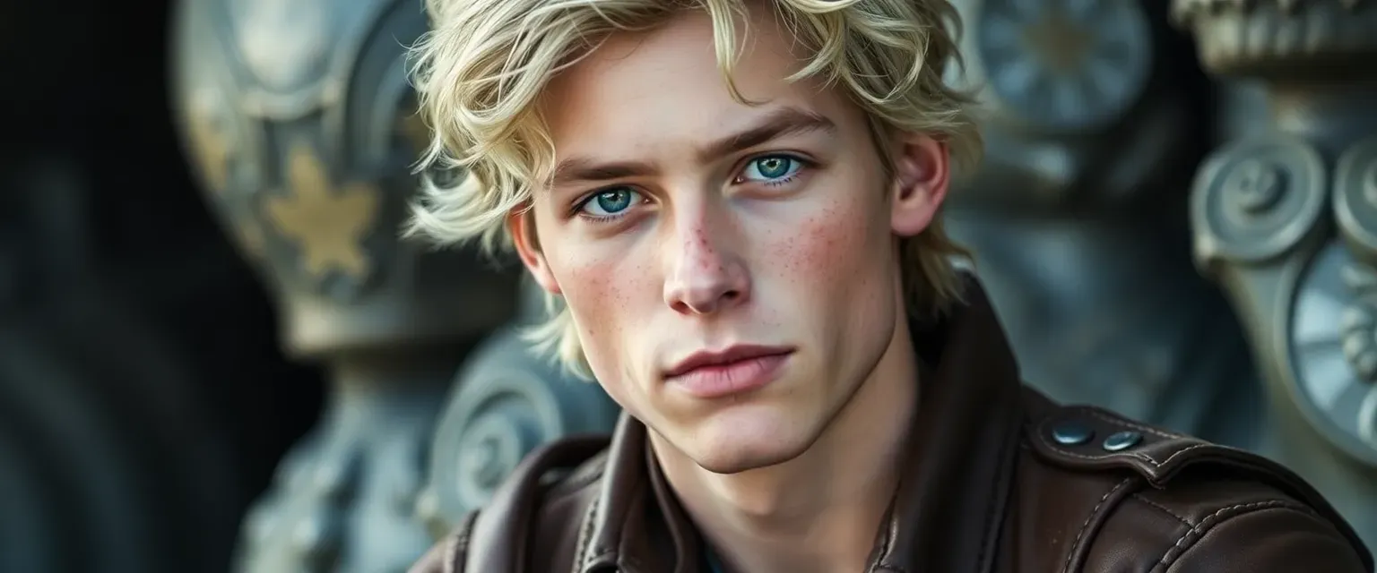 17-year-old Knox with wavy ash blonde hair, sea blue-green eyes, freckles, strong build, wearing Scout leathers.