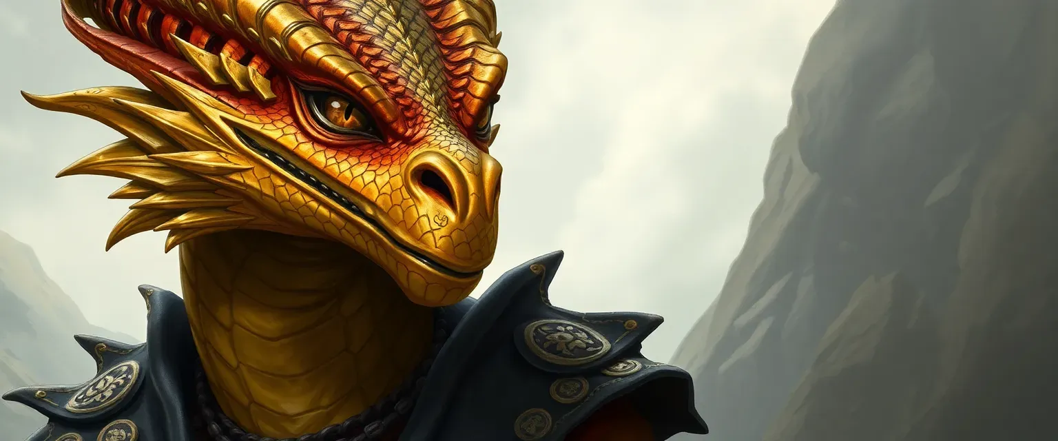 Tall dragonborn with brass and gold scales, amber eyes, wearing traditional Ataguan garments.