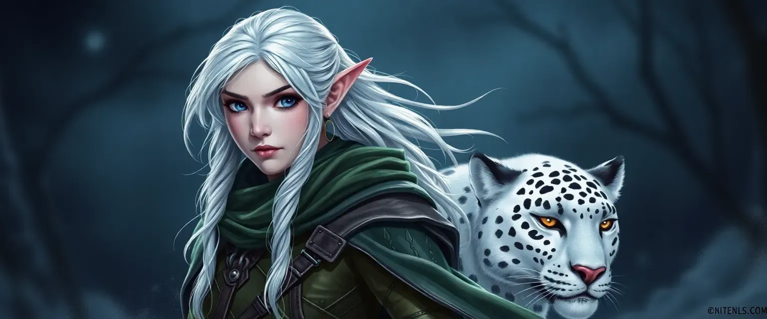 Moon elf ranger with silver hair, violet eyes, wearing green leather and a moonlit cloak, accompanied by a snow leopard.