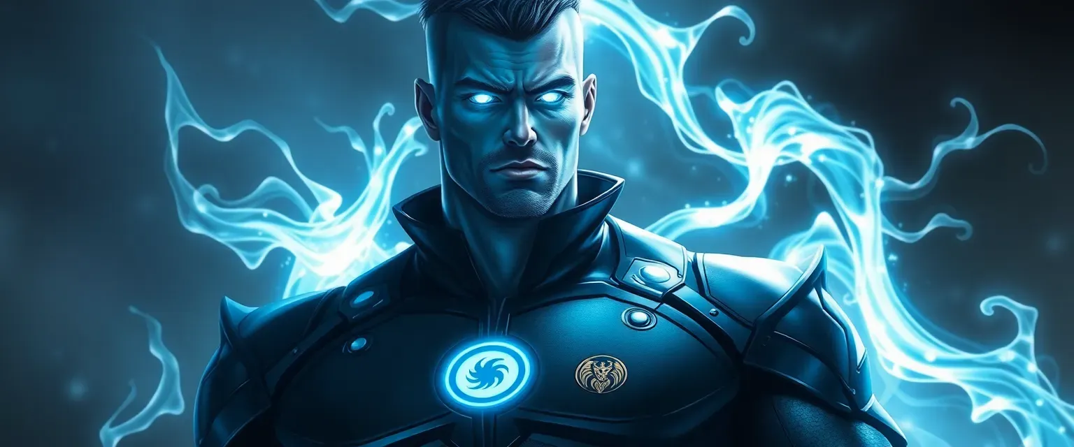 Tall, muscular man with glowing eyes and luminescent skin, wearing a dark, element-symbol adorned suit.