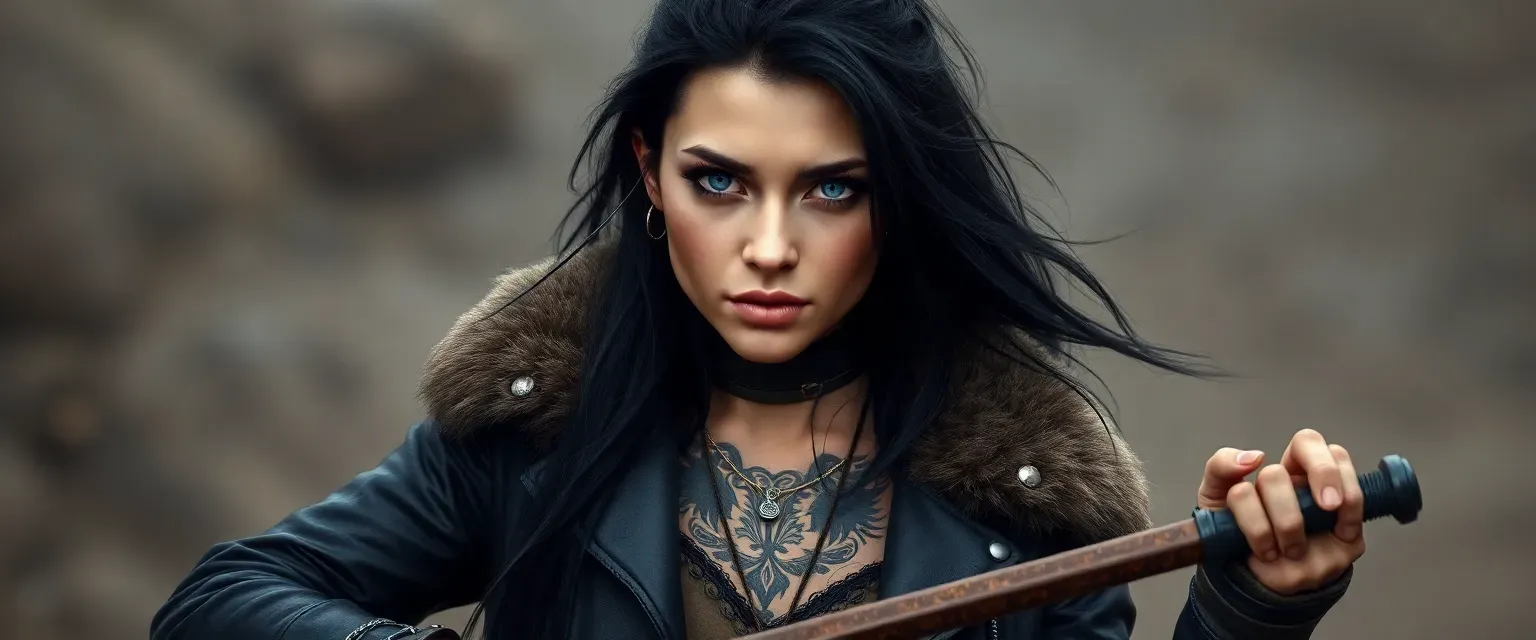 Nordic woman, 32, black long hair, blue eyes, tattoos covering body, wearing dark leather jacket with fur collar and rugged boots.