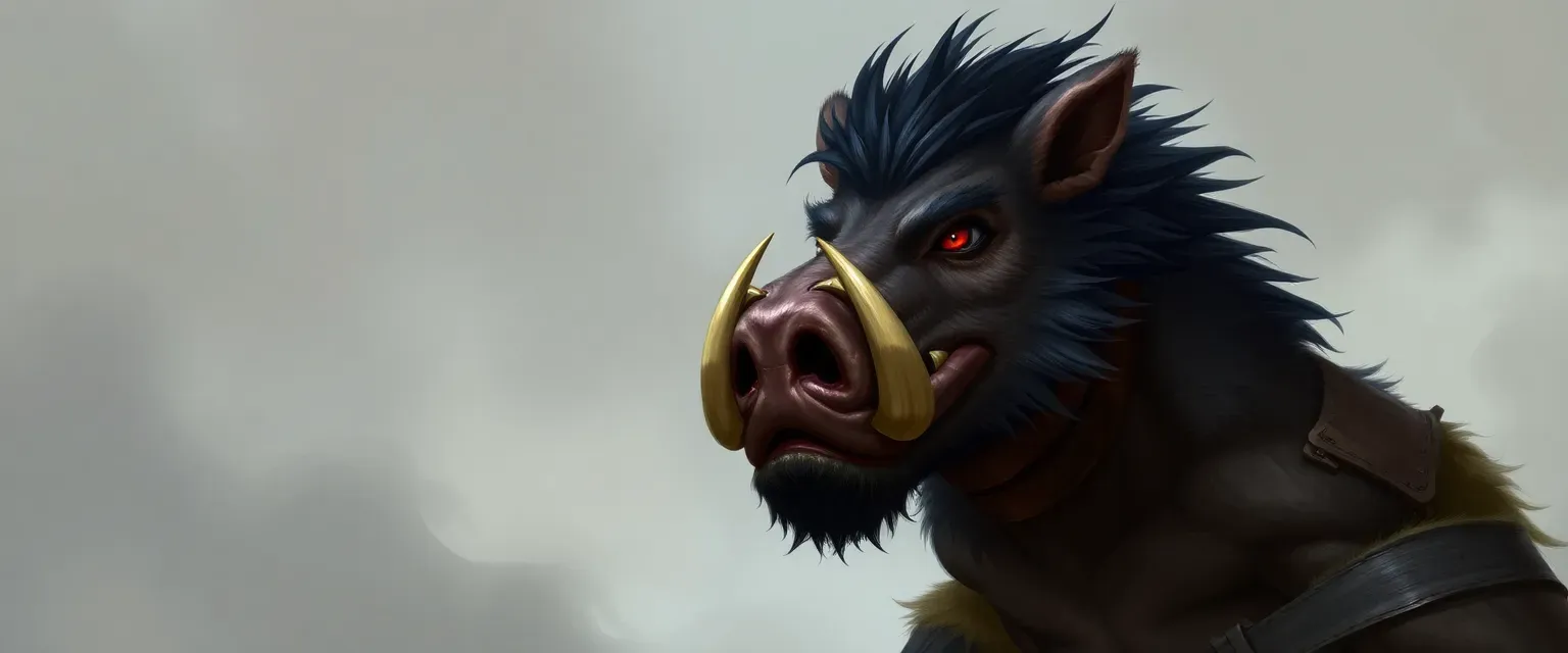 Tall, muscular wereboar with dark hair, red eyes, and sharp tusks, wearing leather and fur armor.