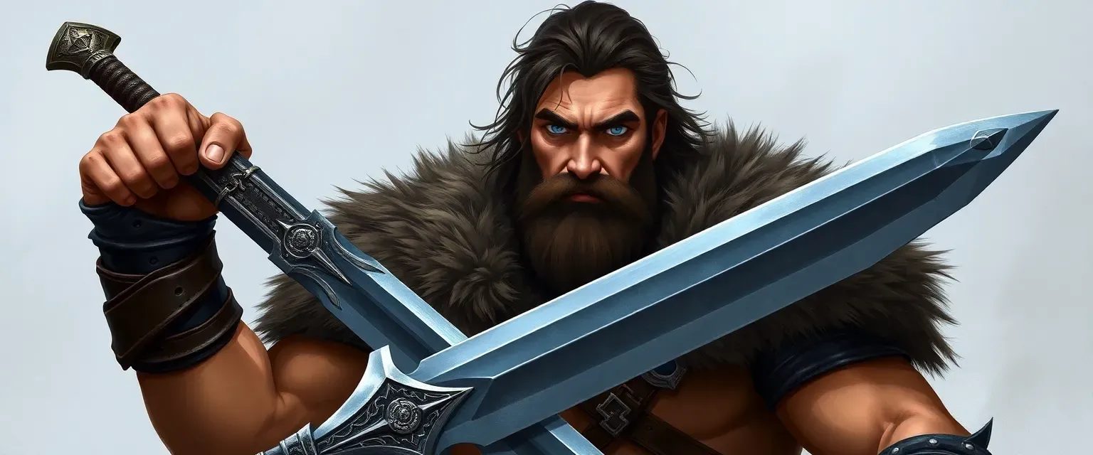 Tall, muscular man with dark brown hair and beard, piercing blue eyes, wearing fur cloak and leather armor, wielding a large two-handed sword.