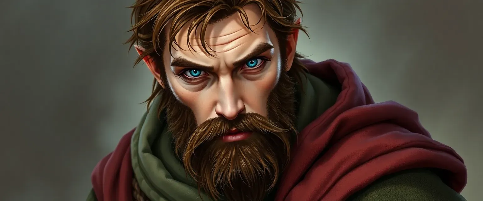 Half-elf male wizard, 5'9", blue-silver eyes, dark auburn hair, unkempt beard, wearing worn noble robes.