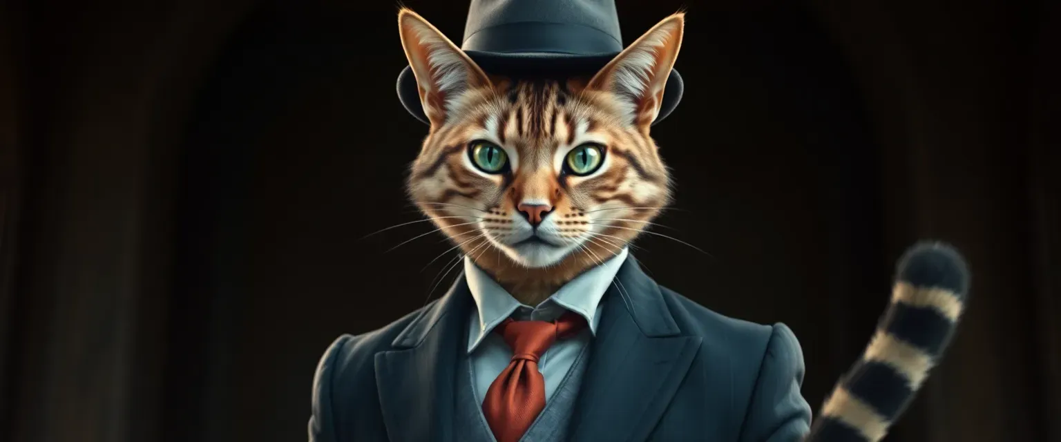 A man with a tabby cat head, fur, and tail, wearing a tailored suit and fedora.