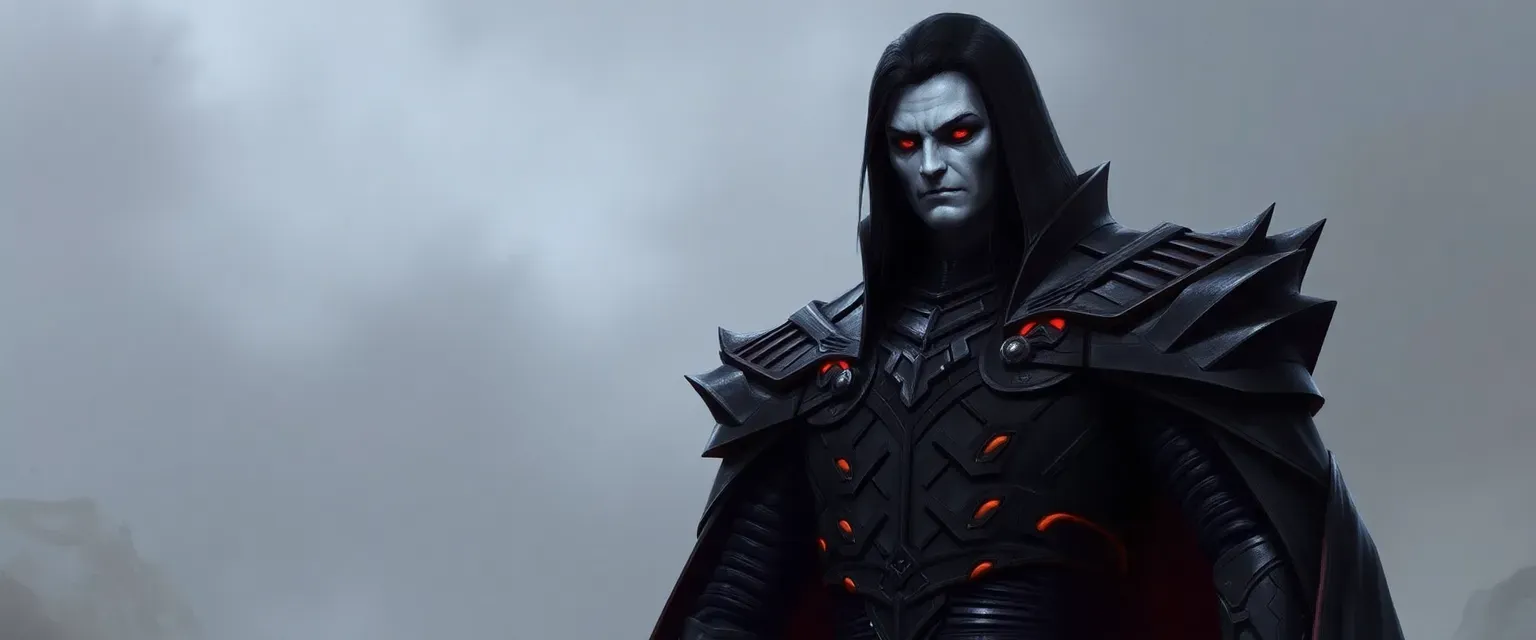 Tall, imposing Sith commander with pale skin, crimson eyes, black hair, and dark Sith armor with crimson accents.