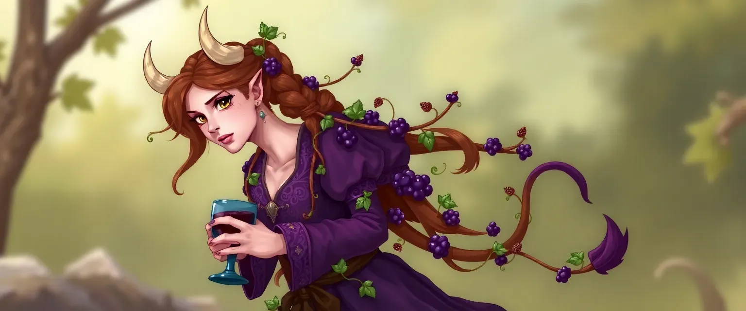 Long brown hair in a ponytail with vines and berries, purple ornate outfit, grape vines on arms and legs, bull-like horns, ears, and tail, carrying a goblet of wine.