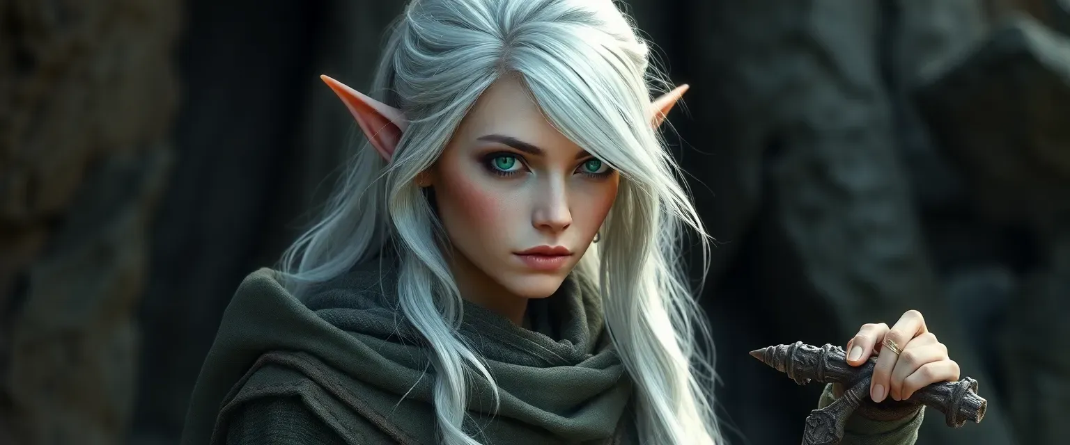 Silver-haired half-elf woman with emerald eyes, wearing tattered wizard robes, holding a wind-carved staff.