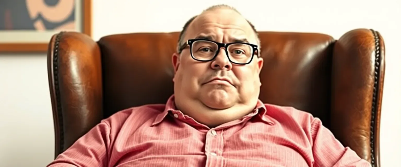Fat, balding man with glasses and plump lips, sitting in a leather chair, watercolor effect.
