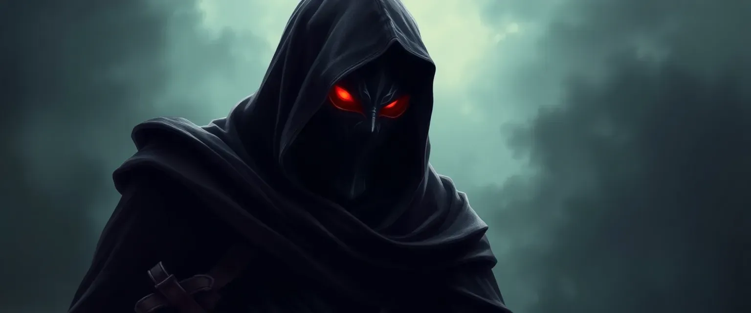 Tall, shrouded in shadow cloak, face masked in darkness with glowing red eyes, chilling whisper voice.
